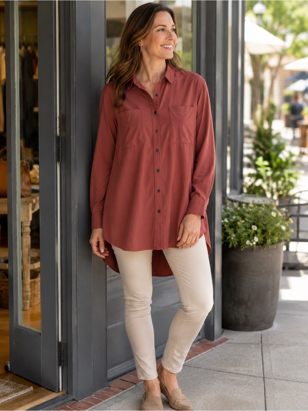 Duluth Trading Co Button Front Tunic Shirt XL Terracotta Brick Stretch Pockets